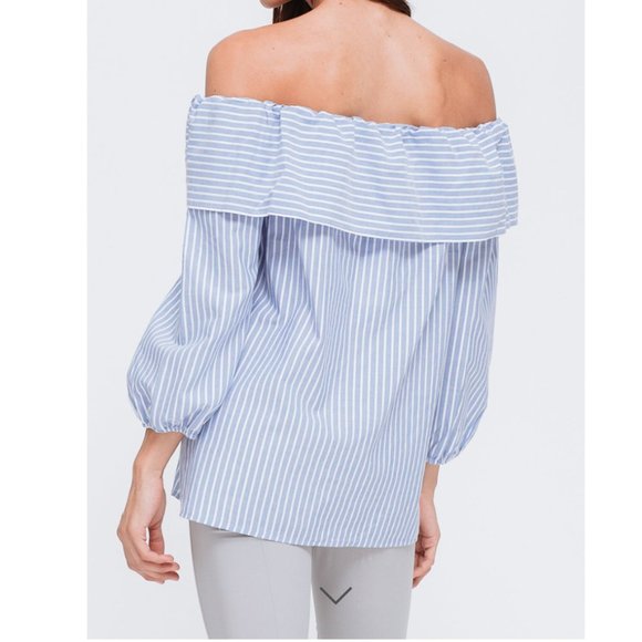 Anthropologie Pleione Off Shoulder Bow Top in Blue White Stripe - Picture 3 of 6